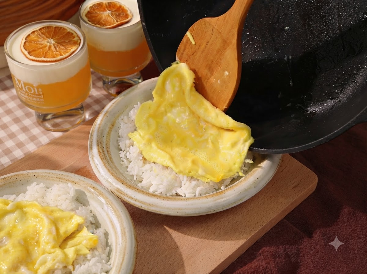 A cooked yellow omelet being transferred from a frying pan onto a bowl of white rice.