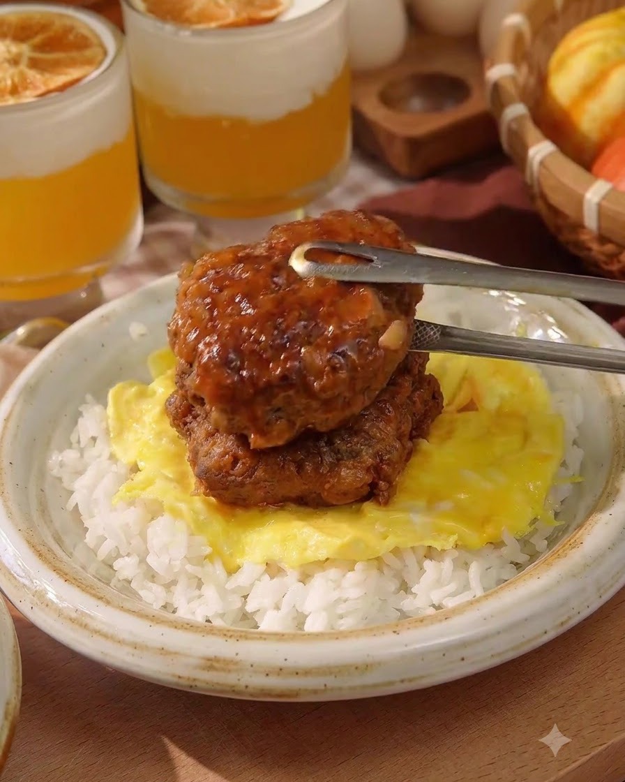 Two glazed meat patties being stacked with tongs on top of an egg and rice bowl.