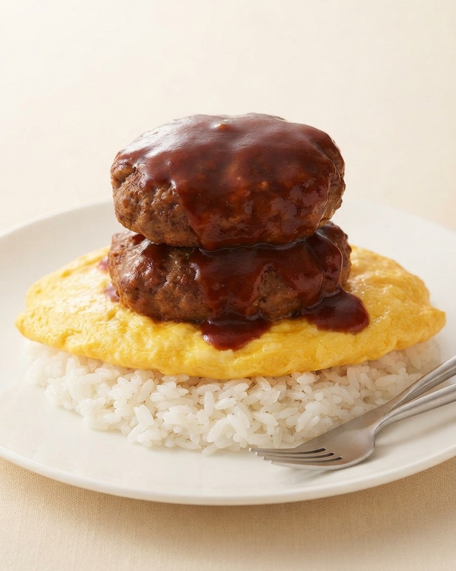 Rich brown sauce being poured over two stacked hamburger patties on a bed of yellow eggs and white rice.