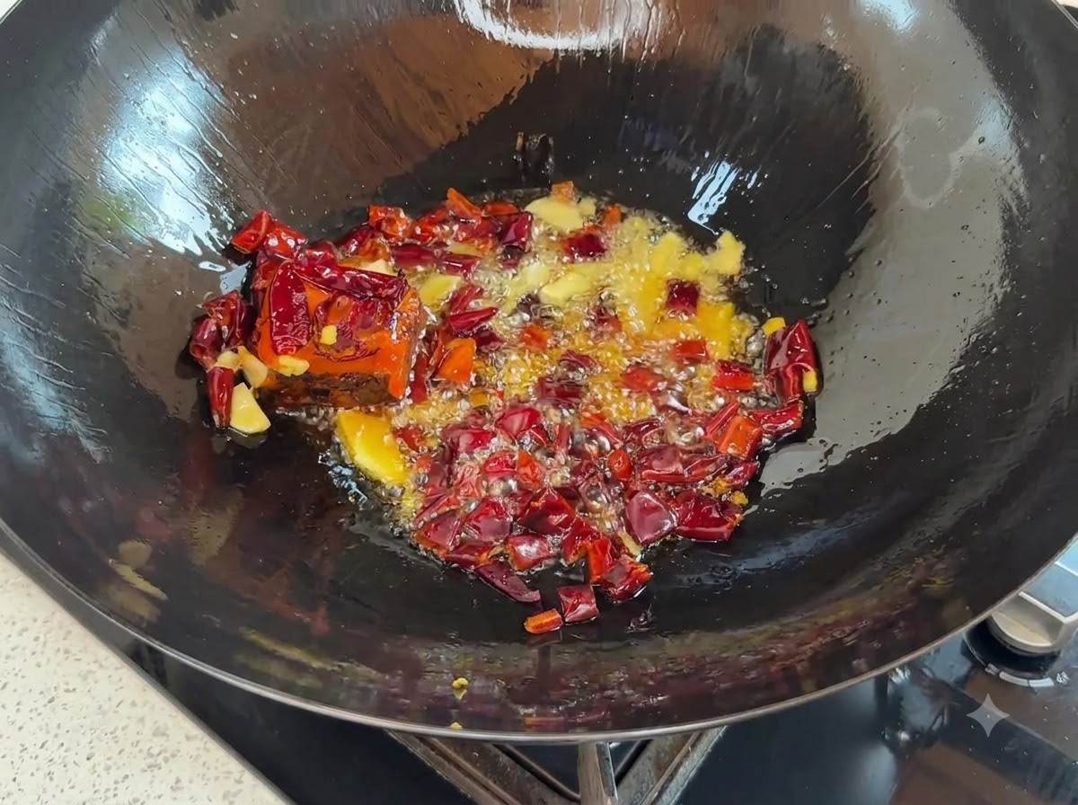 Dried red chilies, ginger slices, and a block of red hot pot base sizzling in a wok.