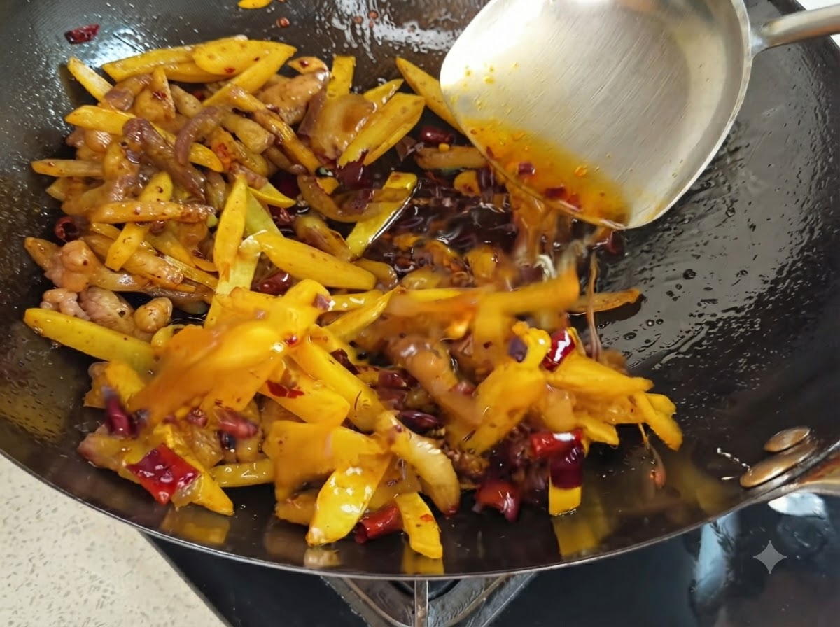 A metal spatula tossing fried pork strips, golden potatoes, and dried chilies in a wok coated with red spicy oil.
