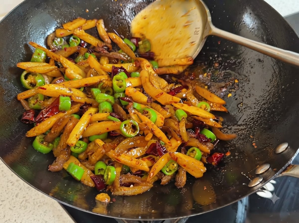 A metal spatula tossing a mixture of golden potatoes, pork, red chilies, and bright green pepper slices in a dark wok.