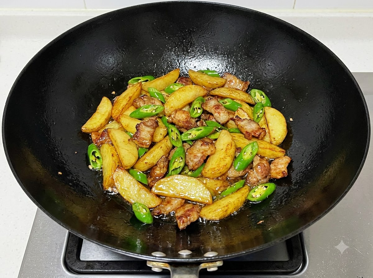 A finished dry pot dish of potatoes, pork, and green peppers sitting inside a black wok, ready to be served.