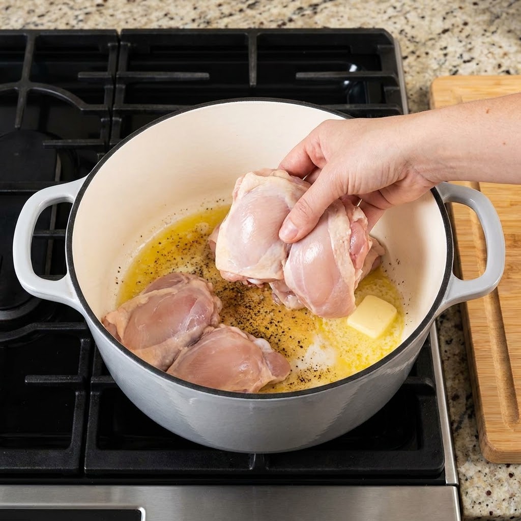 Bone-in chicken thighs being placed into a pot with melted butter and seasonings.
