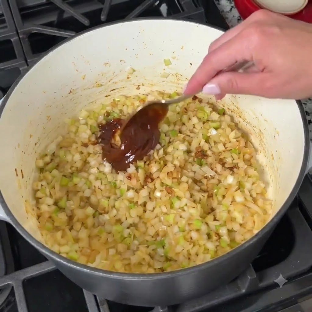 A spoonful of dark roux being mixed into a pot filled with sautéed diced vegetables.
