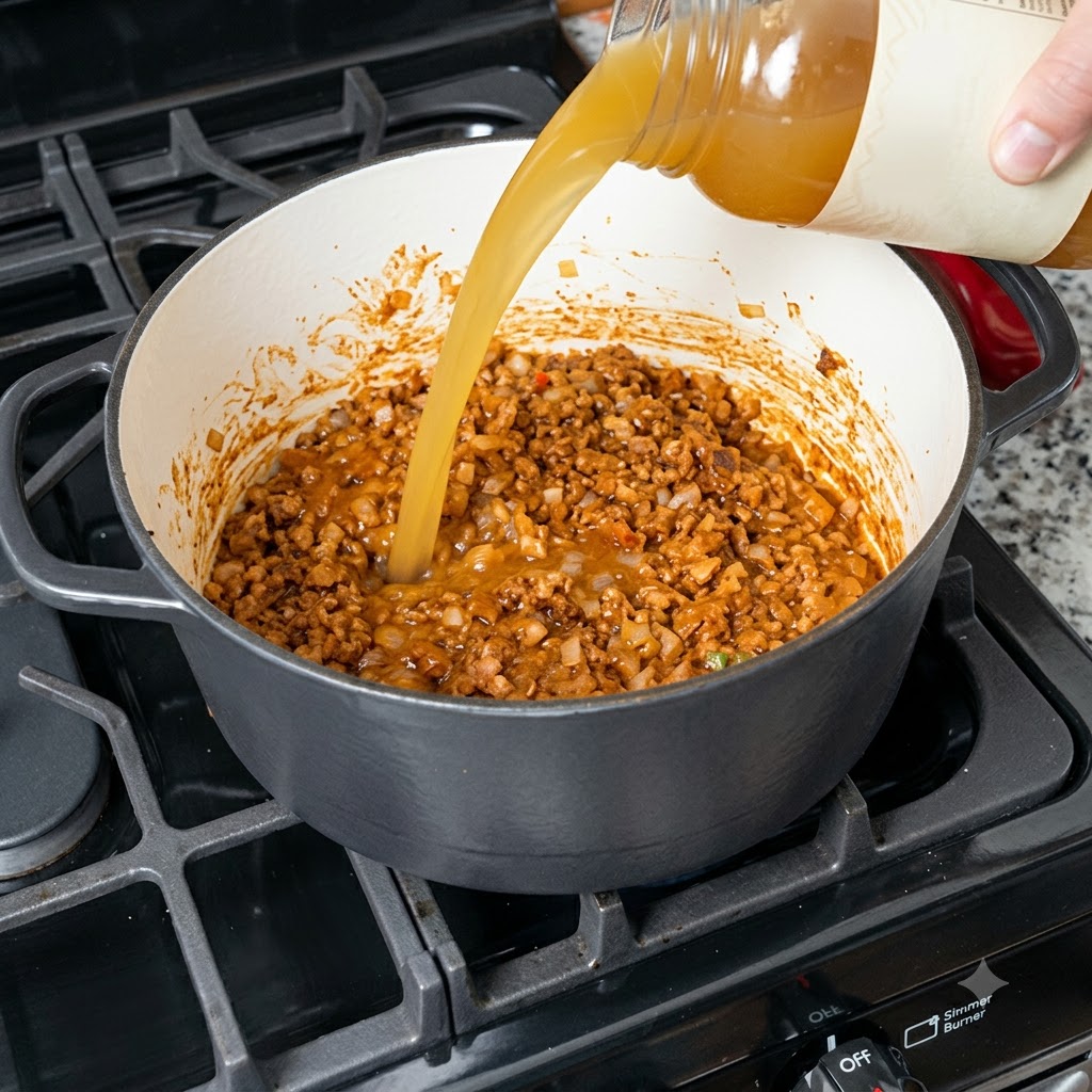 Broth being poured from a container into a pot containing cooked meat and vegetable mixture.