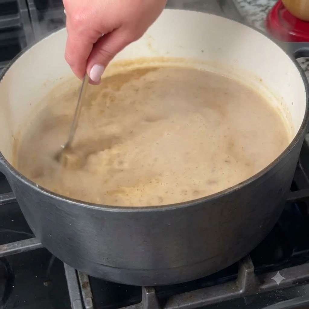 Cooked sausage and chicken pieces being added back into the bubbling pot of gumbo broth.