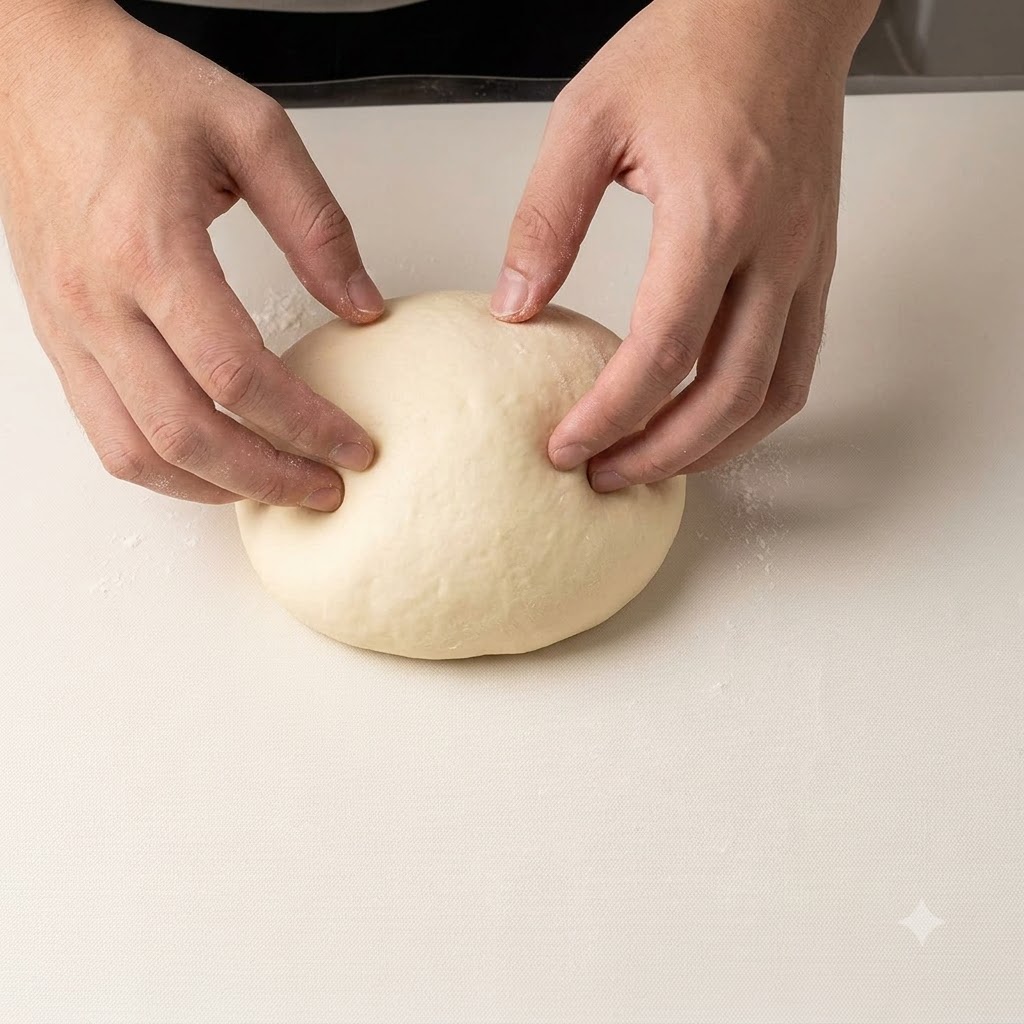 Hands pressing down on a ball of dough on a cornmeal-dusted mat to deflate trapped air.