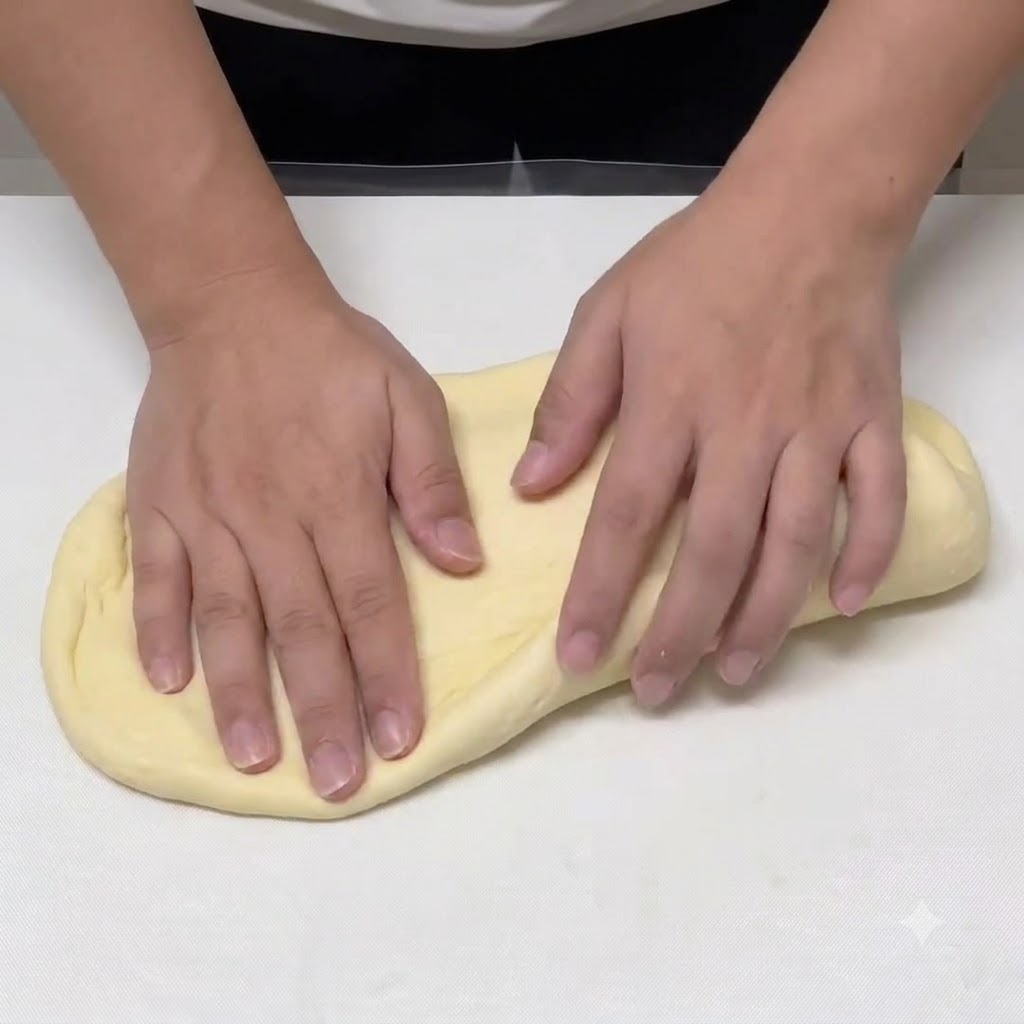 Hands stretching and flattening a round piece of pizza dough on a work surface.