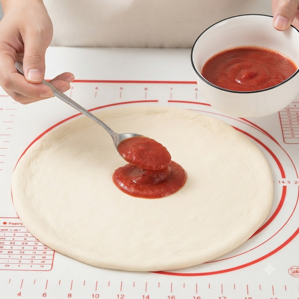 A spoon spreading red tomato sauce onto the center of a round pizza dough base.
