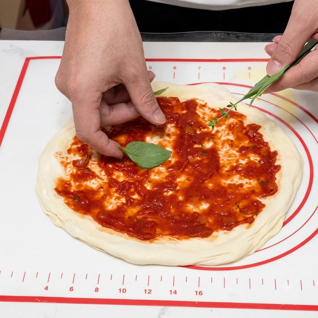Hands placing fresh green basil leaves over red tomato sauce on a pizza base.
