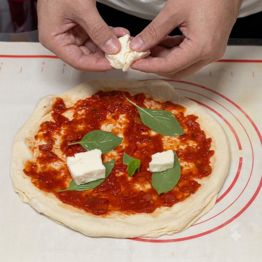 Hands placing chunks of white mozzarella cheese over tomato sauce and basil leaves.