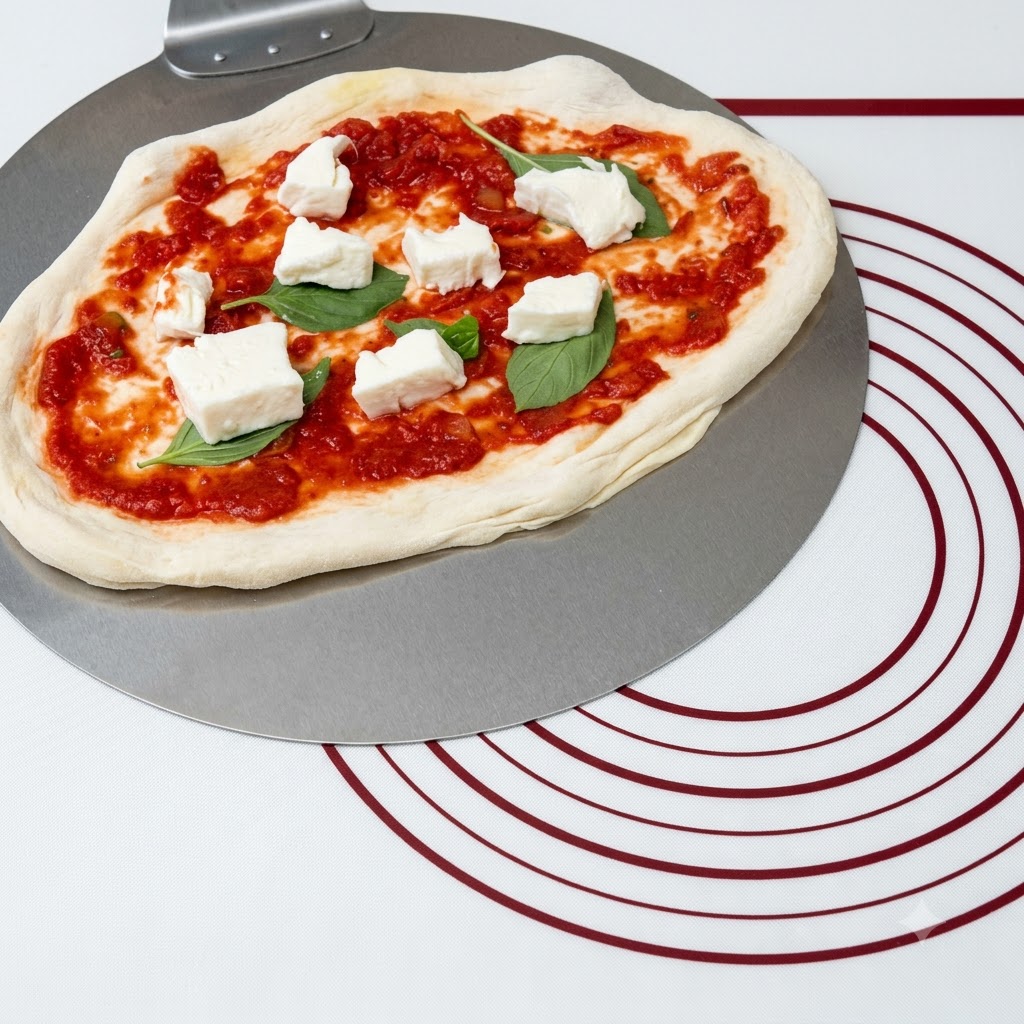 Hands shaping and adjusting the raised edges of a pizza dough crust resting on a metal pizza peel.