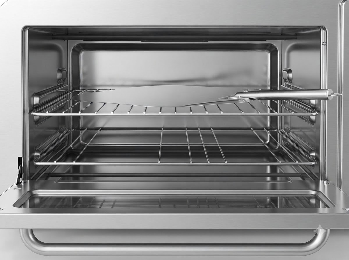 A metal peel holding a pizza sliding into an empty preheated oven onto a wire rack.