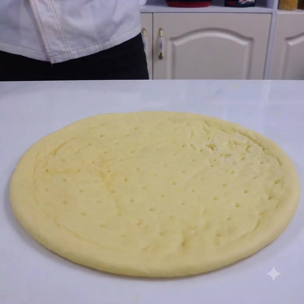 A stream of honey being poured over the center of a flat, round pizza dough base on a white table.