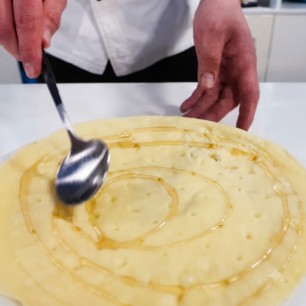 A close-up view of a metal spoon smoothing out spiral lines of honey across a raw pizza dough base.