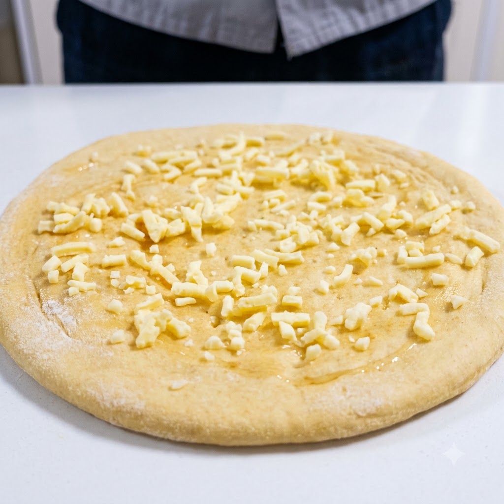 Mixed dried fruits and nuts sprinkled evenly over the cheese-covered pizza base.