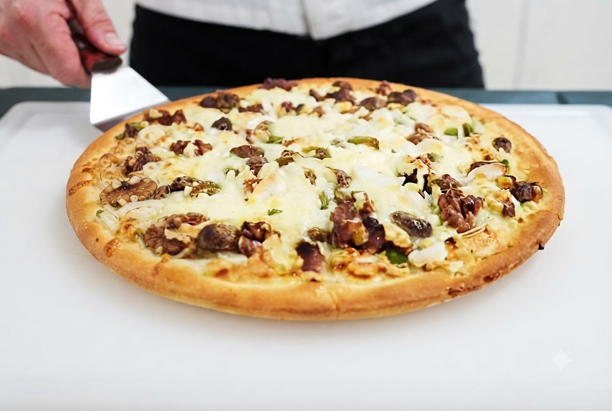 A freshly baked sweet pizza with melted cheese and toasted nuts resting on a white cutting board.