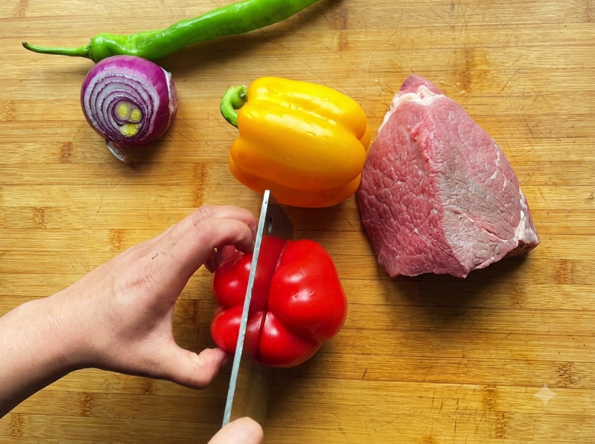 A hand using a cleaver to slice a red bell pepper on a wooden board next to other colorful vegetables.