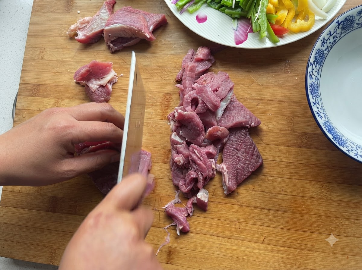 Fresh beef being sliced into smaller pieces on a wooden cutting board with a plate of sliced vegetables in the background.