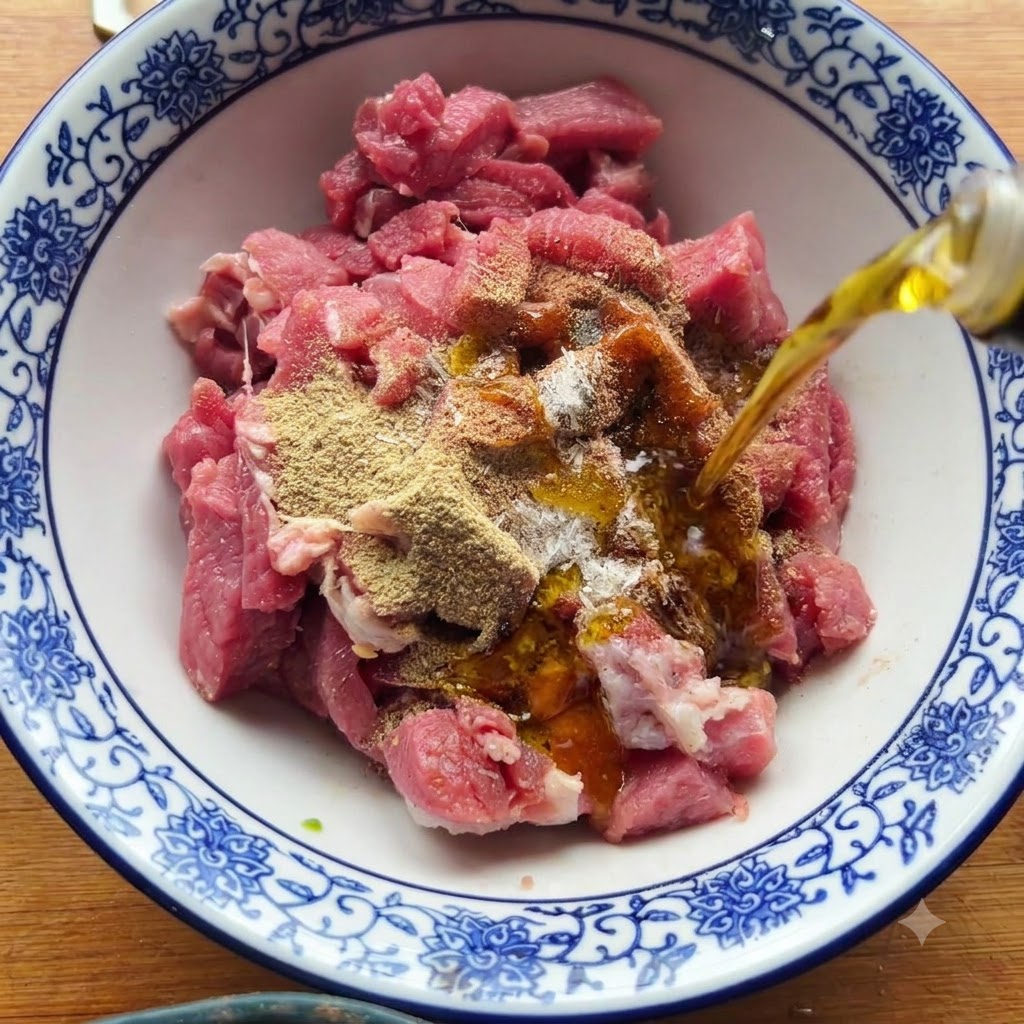 Oil being poured from a bottle onto spiced raw beef pieces in a bowl.