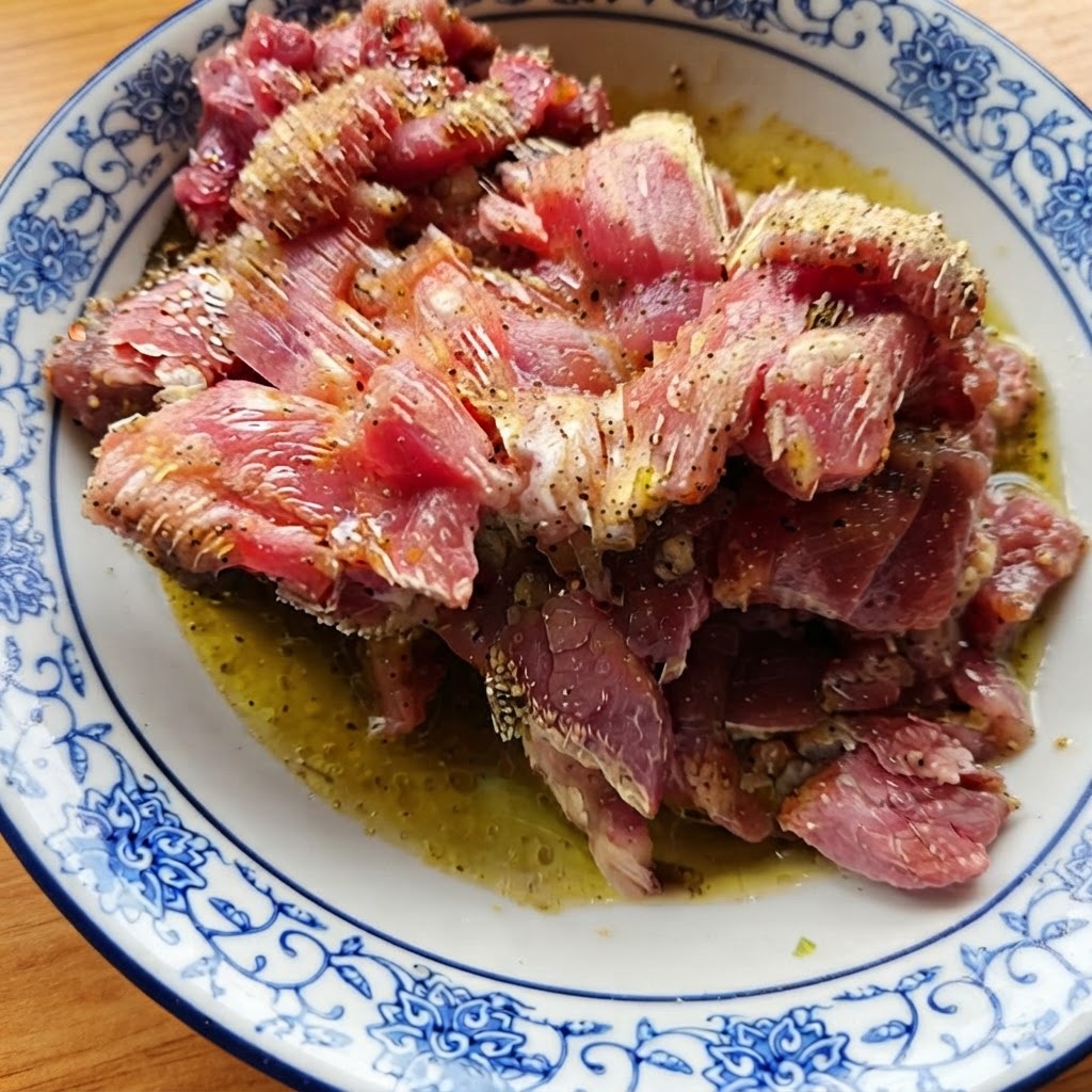 Seasoned raw beef pieces glistening with oil and spices in a patterned ceramic bowl.