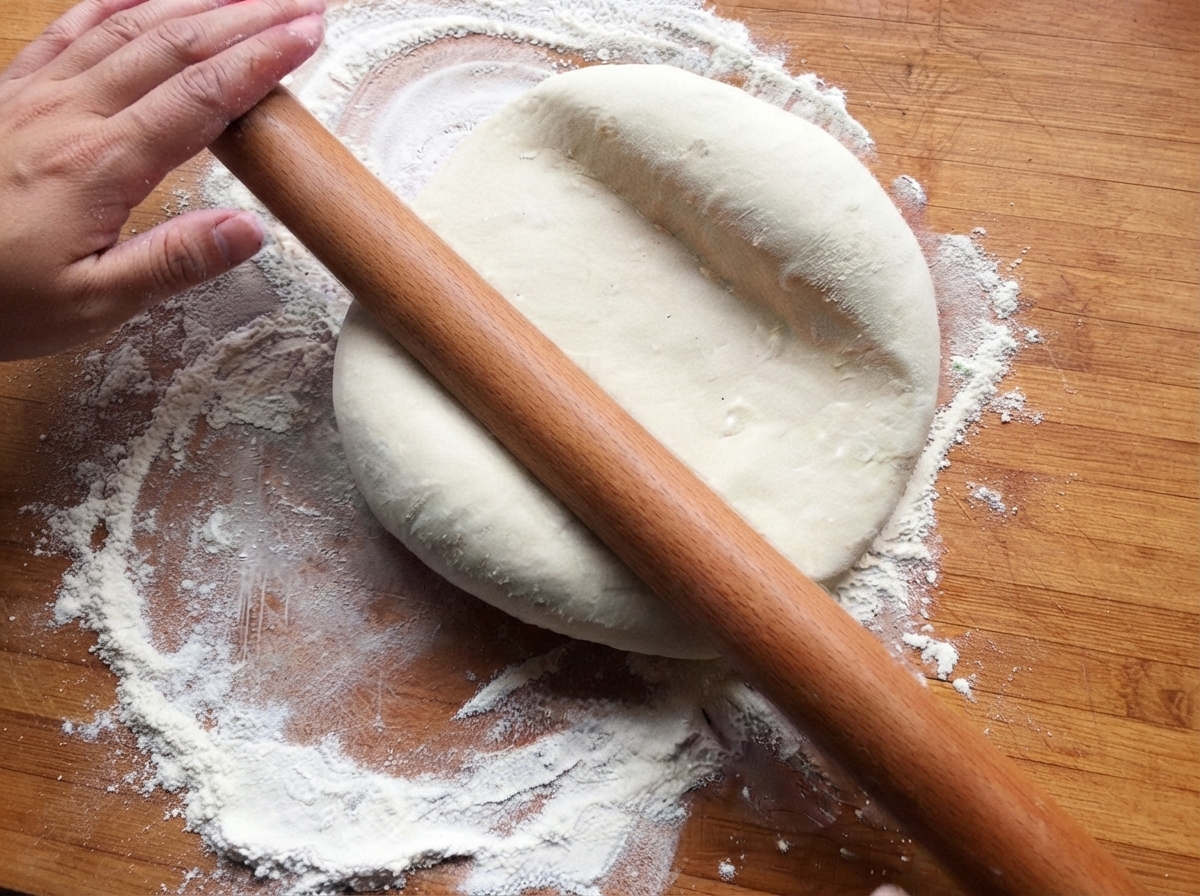 A hand rolling out a ball of dough on a floured wooden board with a rolling pin.