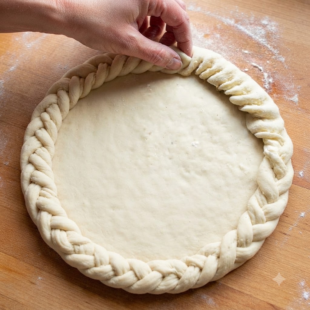 The edges of the rolled-out dough crust being folded and twisted decoratively to create a patterned crust border.