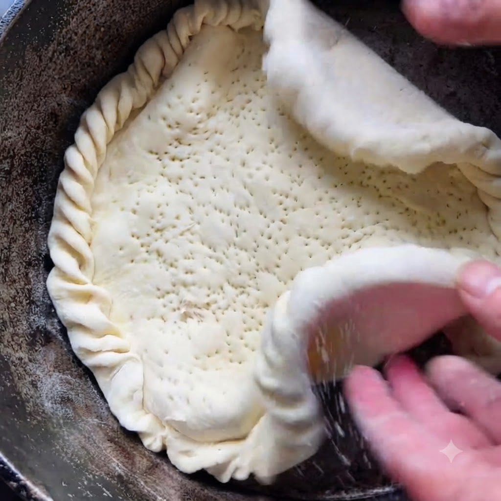 Hands gently placing a large dough crust with folded edges into a dark cooking pot.