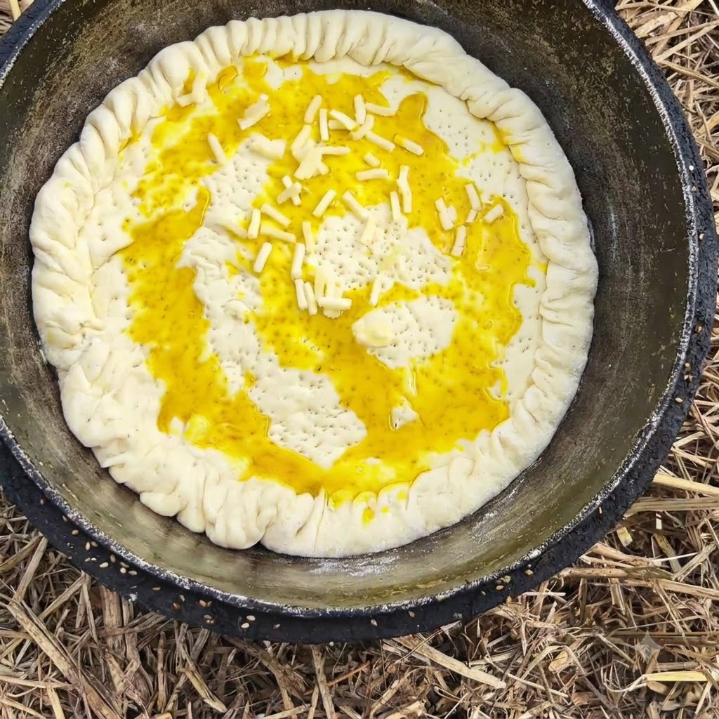 Shredded cheese sprinkled evenly over an oiled dough crust in a dark cooking pan.