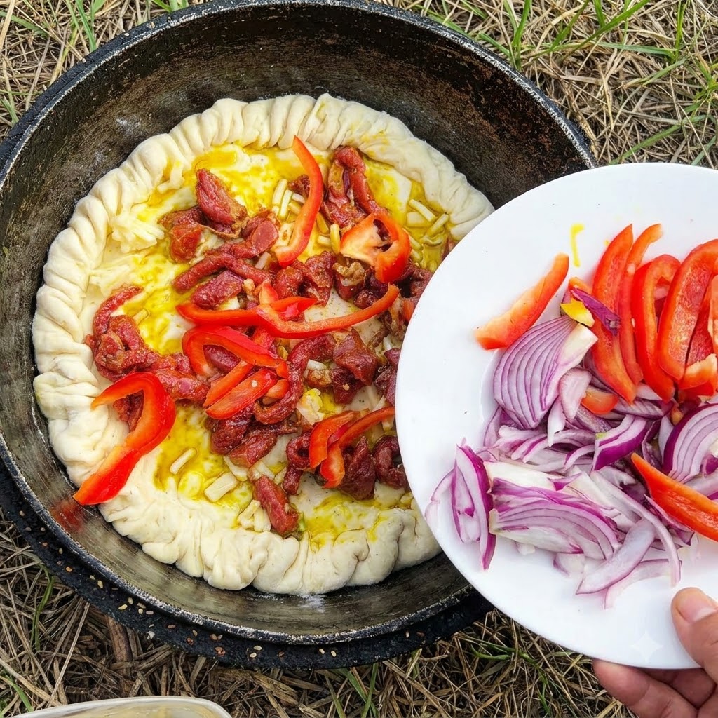 Red onions, bell peppers, and green chilies being scattered on top of the meat and cheese inside the pizza crust.