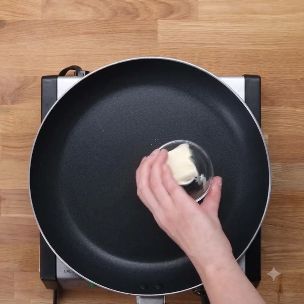 A pat of butter melting in a black skillet being pushed by a wooden spatula.