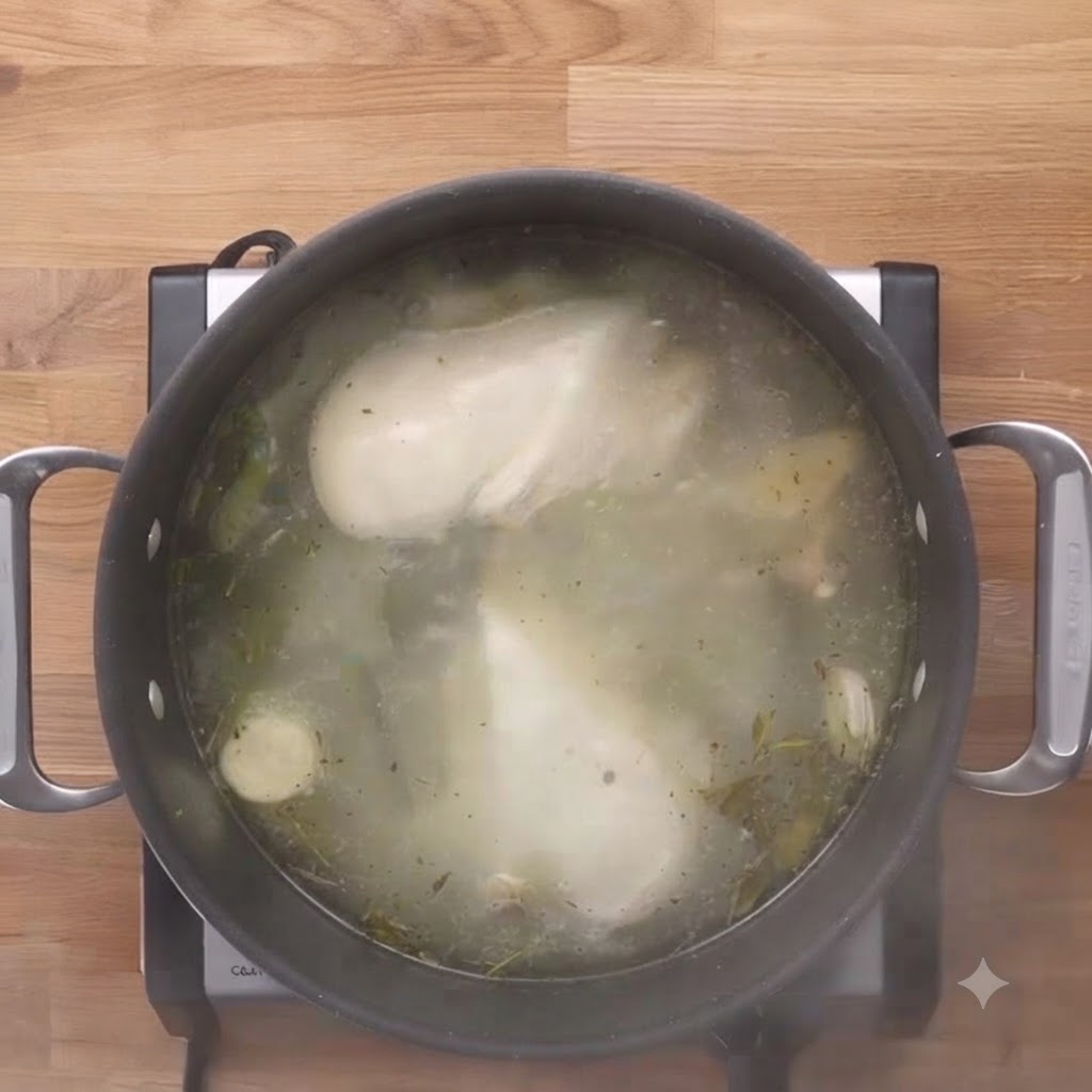 Cooked chicken breasts resting inside the simmering broth pot before being removed.