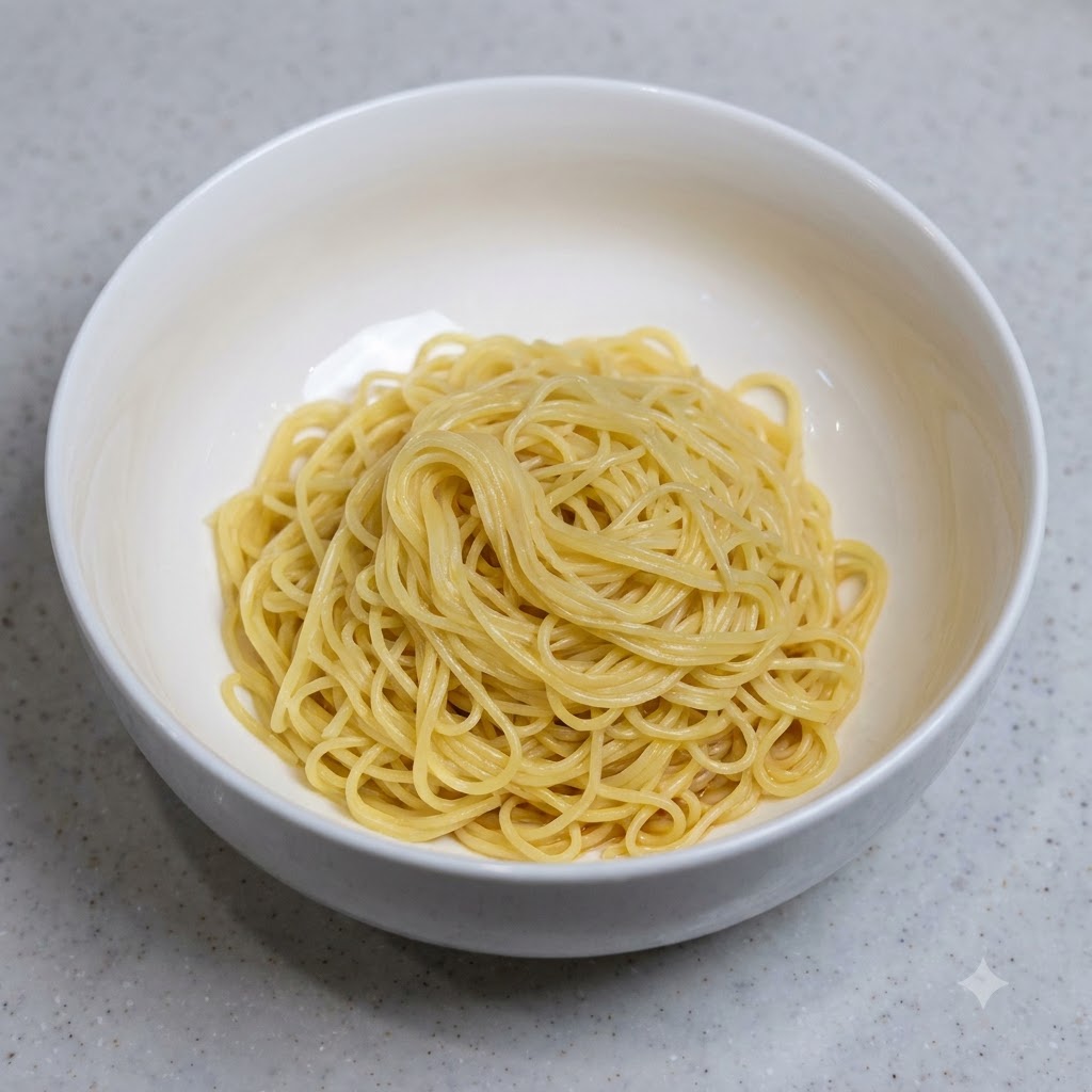 Cooked yellow noodles neatly coiled and arranged in the center of a white serving bowl.
